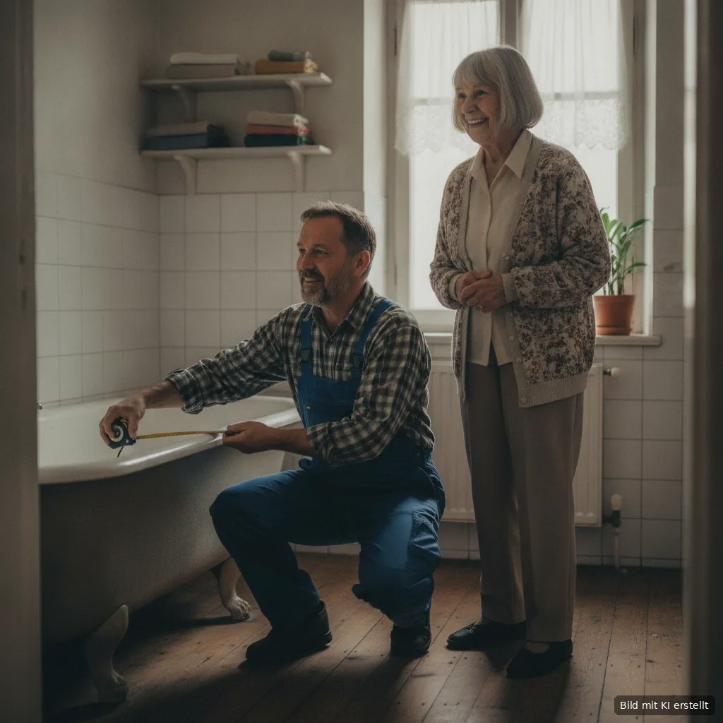 Handwerker misst die alte Badewanne aus, eine Seniorin schaut lächelnd zu