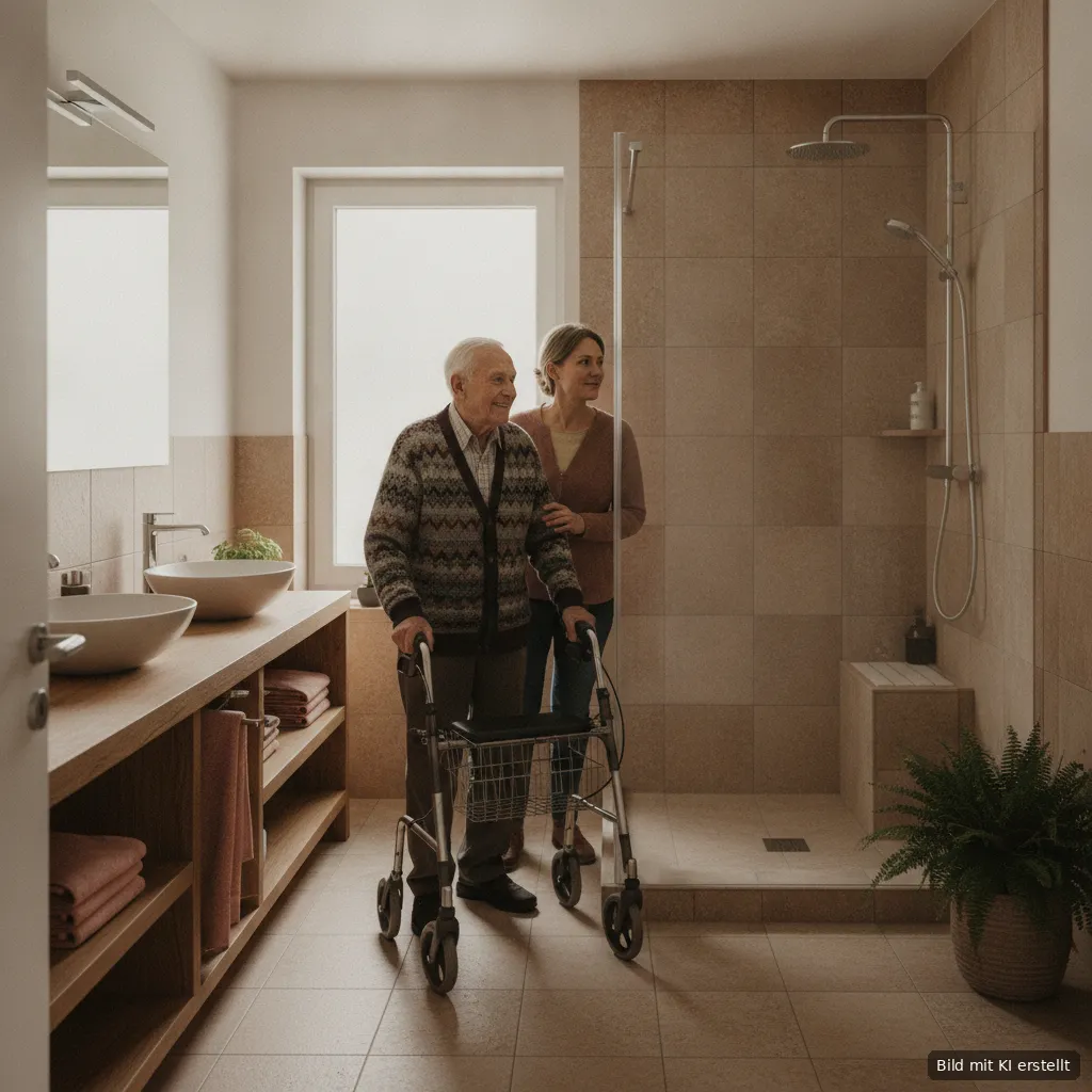 Älterer Herr mit Rollator vor einer bodengleichen Dusche, seine Tochter an seiner Seite