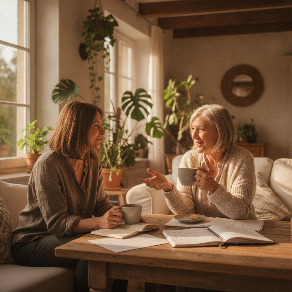 Pflegeberaterin und Seniorin im Gespräch bei einer Tasse Kaffee, vor ihnen aufgeschlagene Unterlagen